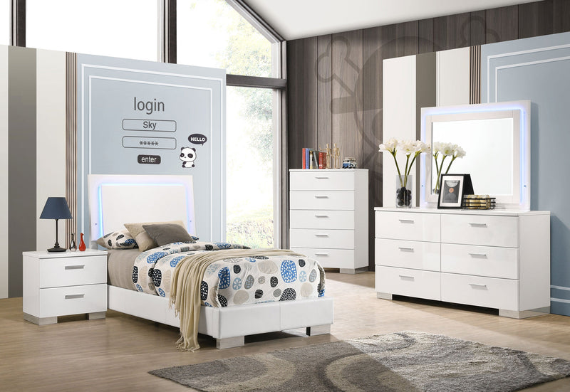 Felicity Bedroom Set High Gloss Twin 4-piece With LED Dresser Mirror
