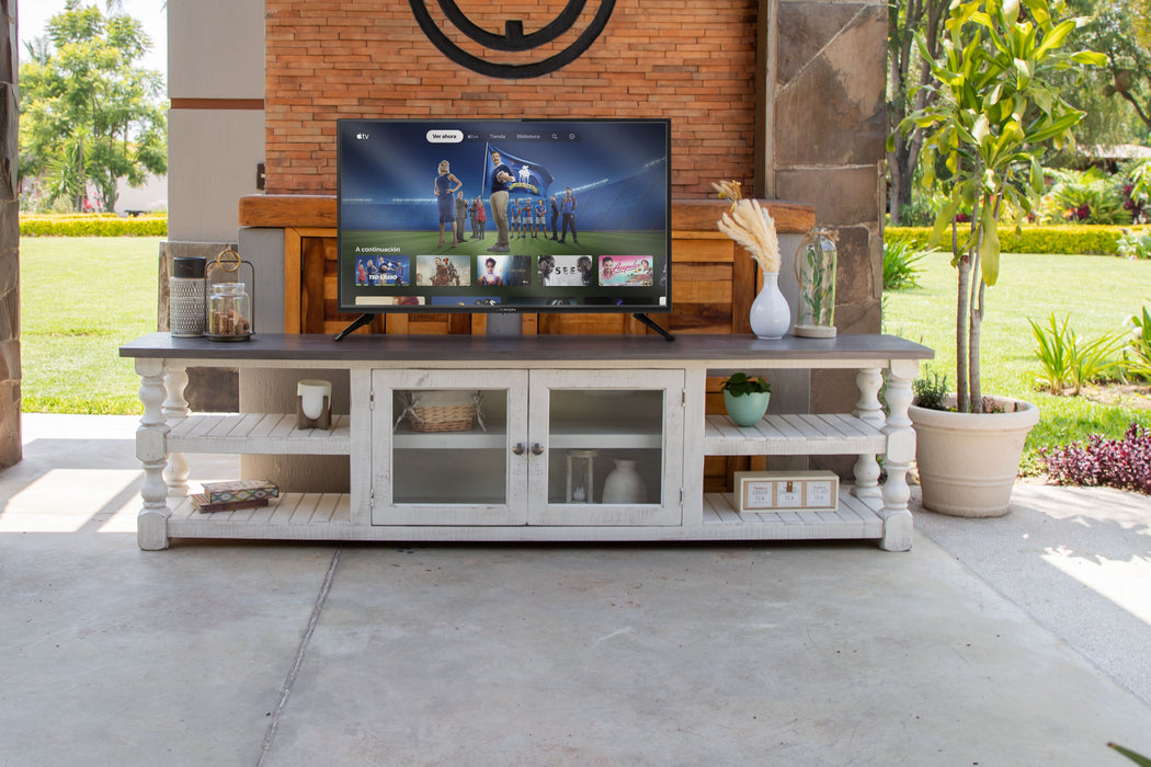 Stone - 93" TV Stand - Antiqued Ivory / Weathered Gray