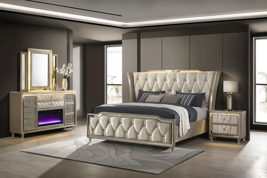 Lorient Bedroom Set Ivory and Camel Eastern King 4-piece With Fireplace Dresser