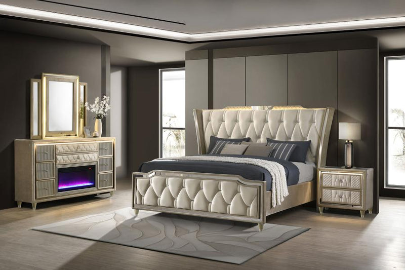 Lorient Bedroom Set Ivory and Camel Eastern King 4-piece With Fireplace Dresser