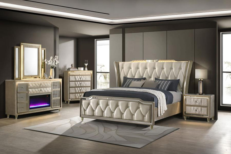 Lorient Bedroom Set Ivory and Camel Eastern King 5-piece With Fireplace Dresser