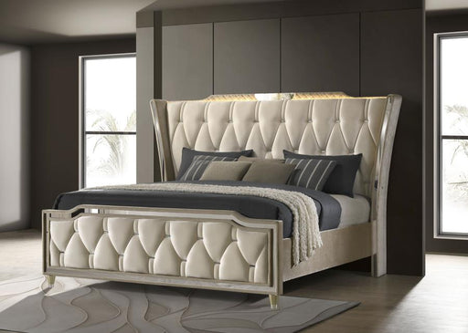 Lorient LED Upholstered Wingback Bed Ivory and Camel Eastern King