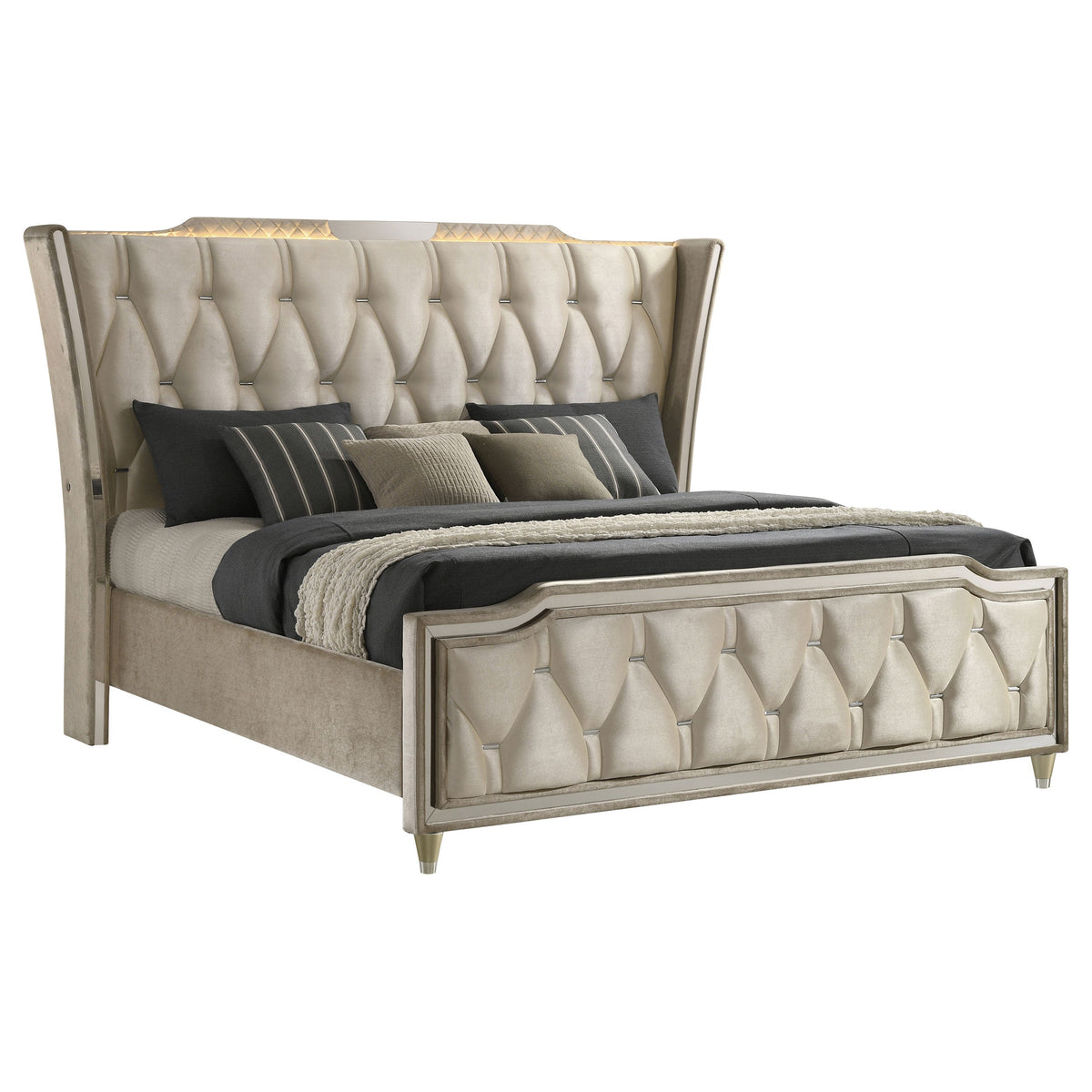 Lorient LED Upholstered Wingback Bed Ivory and Camel