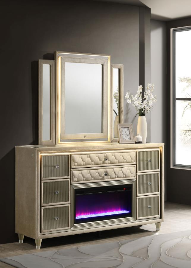 Lorient 8-drawer LED Flame Box Dresser and Mirror Ivory Camel Default Title