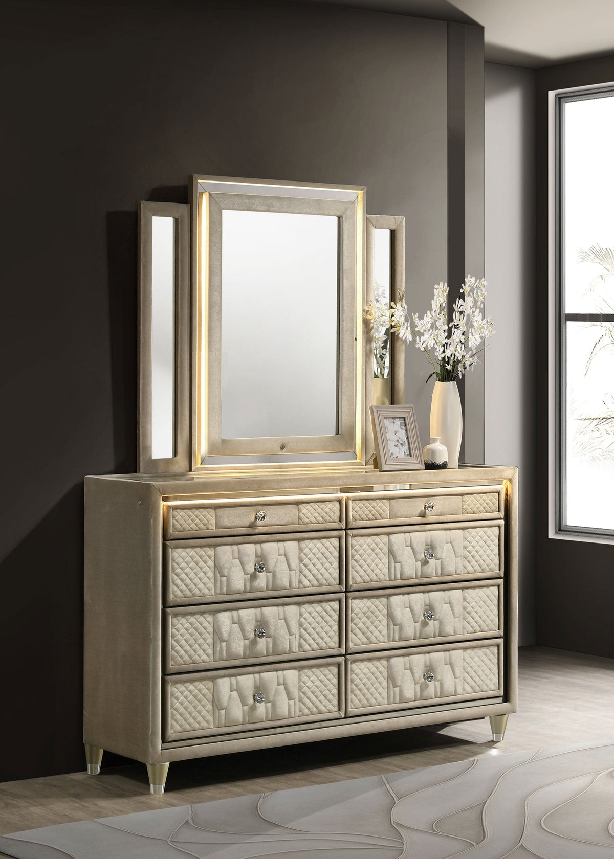 Lorient 8-drawer LED Dresser with Mirror Ivory and Camel