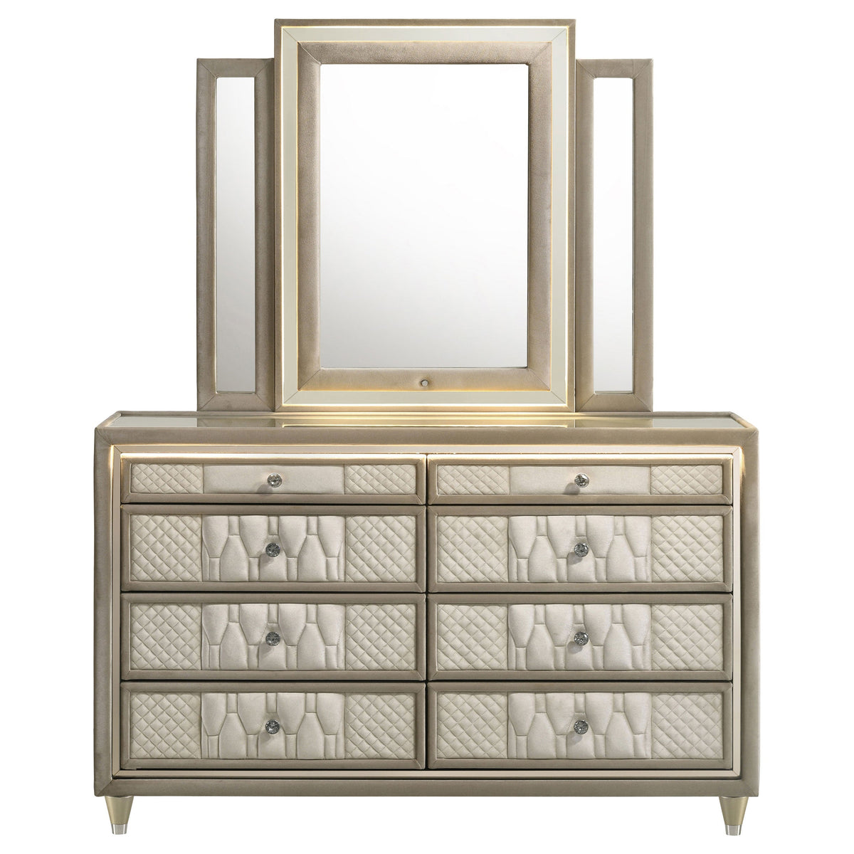 Lorient 8-drawer LED Dresser with Mirror Ivory and Camel