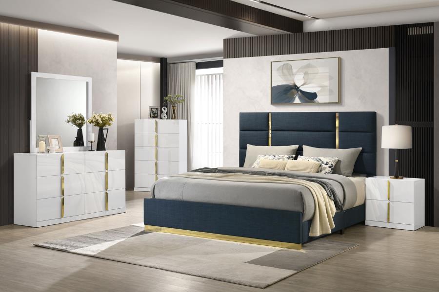 Ines Bedroom Set and High Gloss Navy White High Gloss Eastern King 5-piece