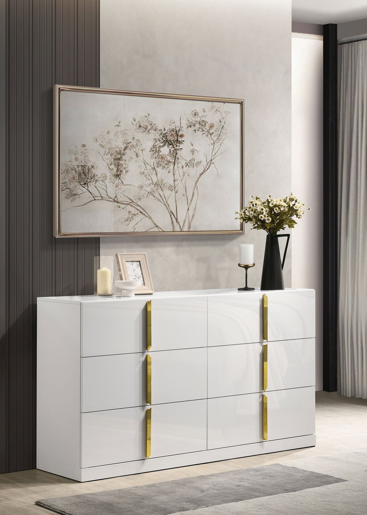 Ines 6-drawer Bedroom Dresser Cabinet White High Gloss