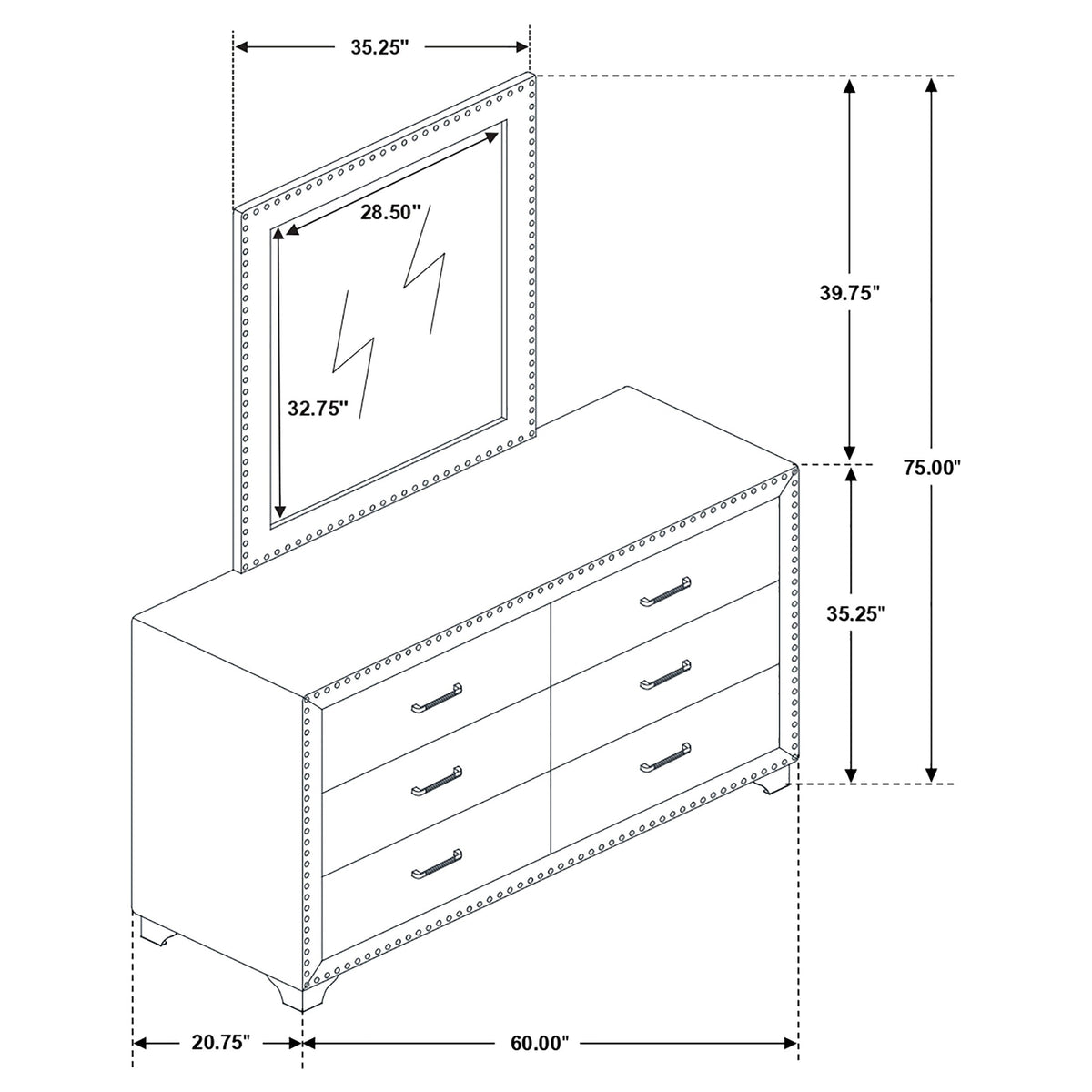 Melody 6-drawer Upholstered Dresser with Mirror