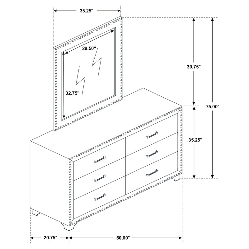 Melody 6-drawer Upholstered Dresser with Mirror