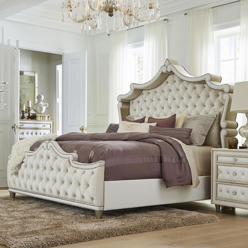 Antonella Upholstered Panel Bed Ivory and Camel Eastern King