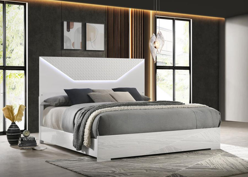 Ives Panel Bed LED Headboard High Gloss White High Gloss Eastern King