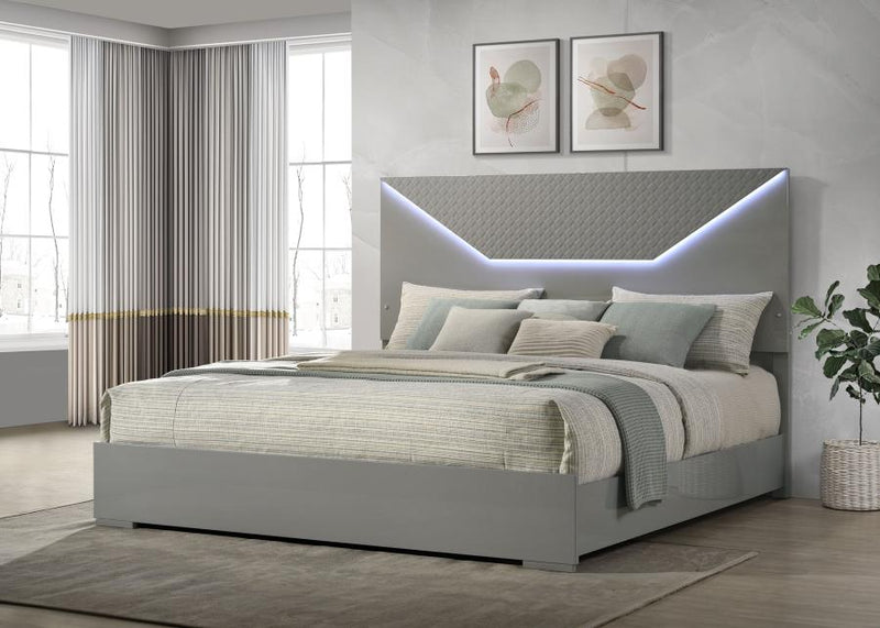 Ives Panel Bed LED Headboard High Gloss Grey High Gloss Eastern King