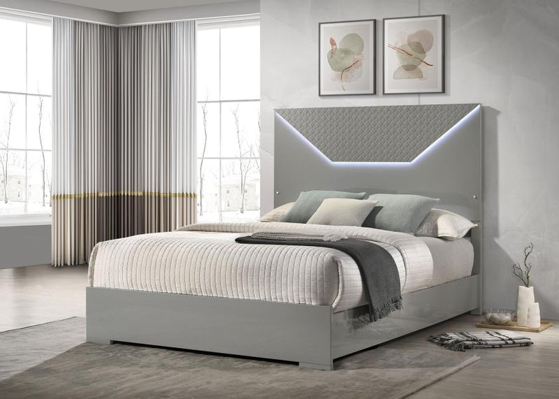 Ives Panel Bed LED Headboard High Gloss Grey High Gloss Queen