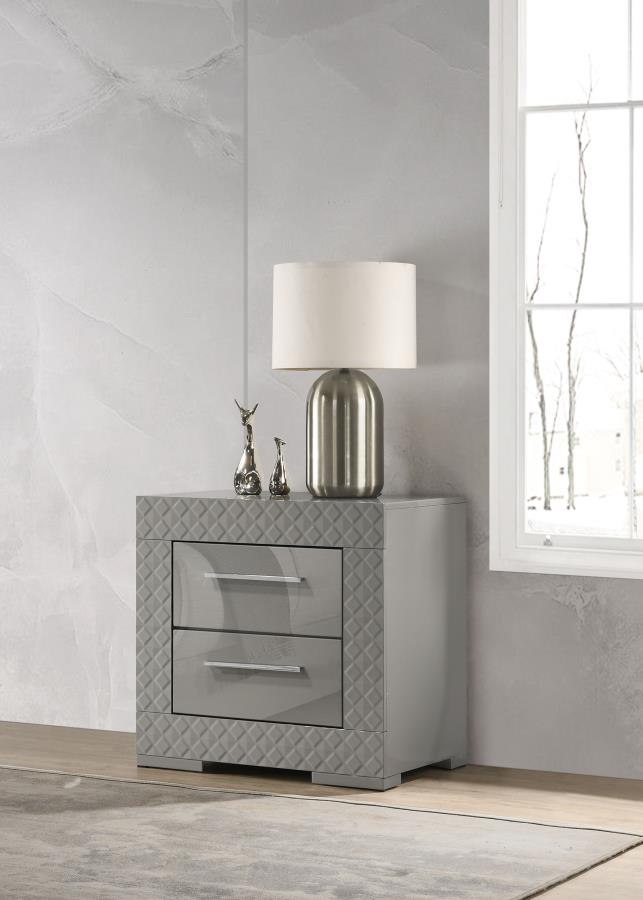 Ives 2-drawer Nightstand Bedside Table High Gloss Grey High Gloss