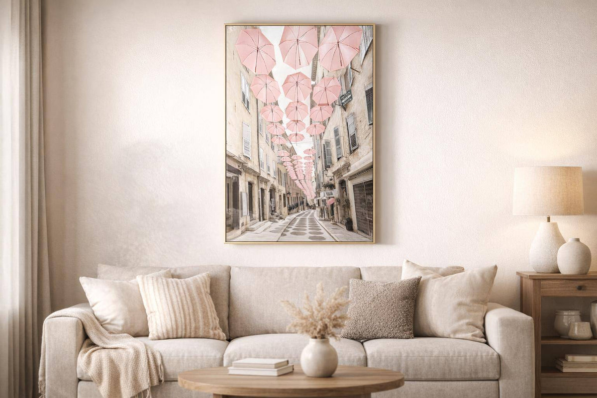Pink Umbrellas Promenade Gloss Canvas In Frame - Pink / Ivory