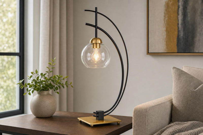 "Eclipse Aura" Metal Table Lamp With Glass Globe (Set of 2) - Matte Black / Gold / Clear Glass