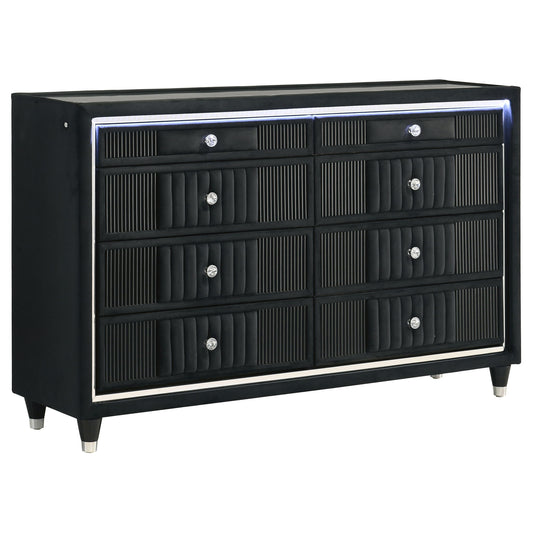 Ravenne 8-drawer Velvet Upholstered LED Dresser Cabinet Black