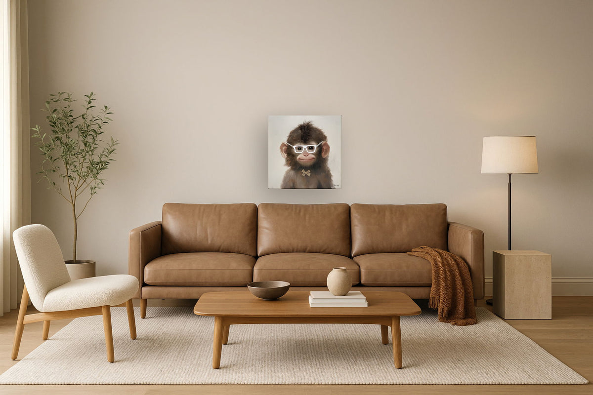 Whimsical Bowtie Primate - 25" x 25" Framed Wall Art - Dark Brown