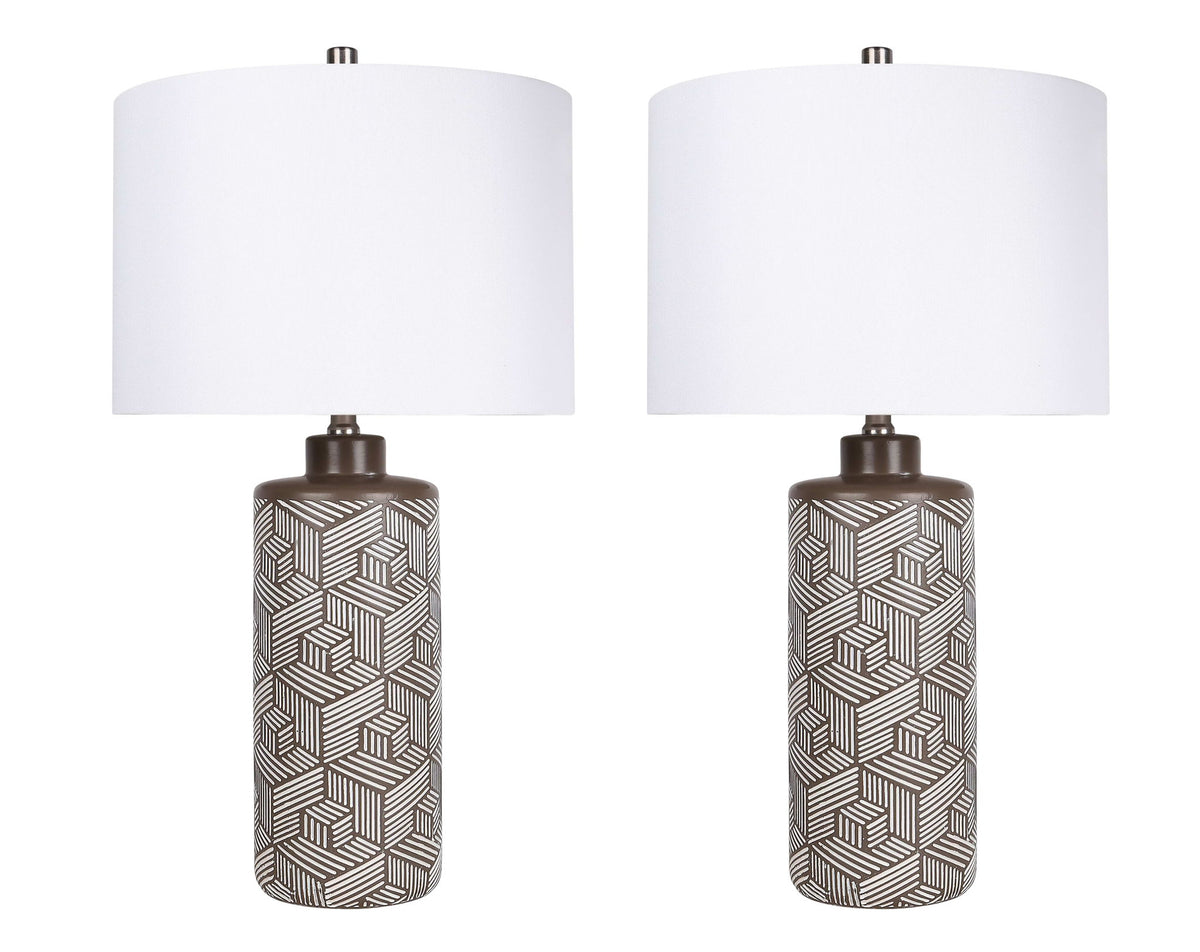 "Geometric Harmony" Ceramic Table Lamp (Set of 2) - Brown / White