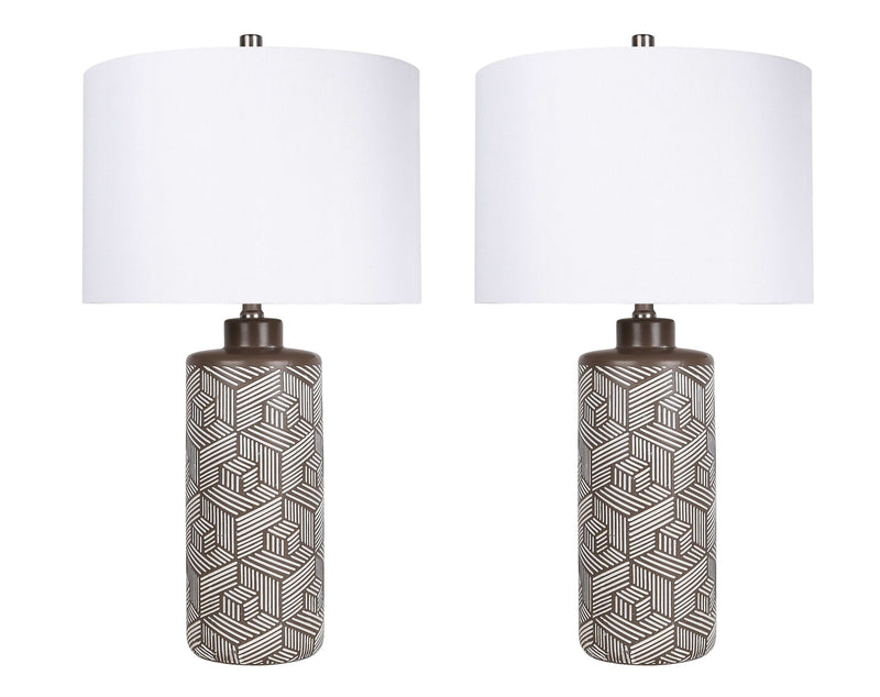 "Geometric Harmony" Ceramic Table Lamp (Set of 2) - Brown / White