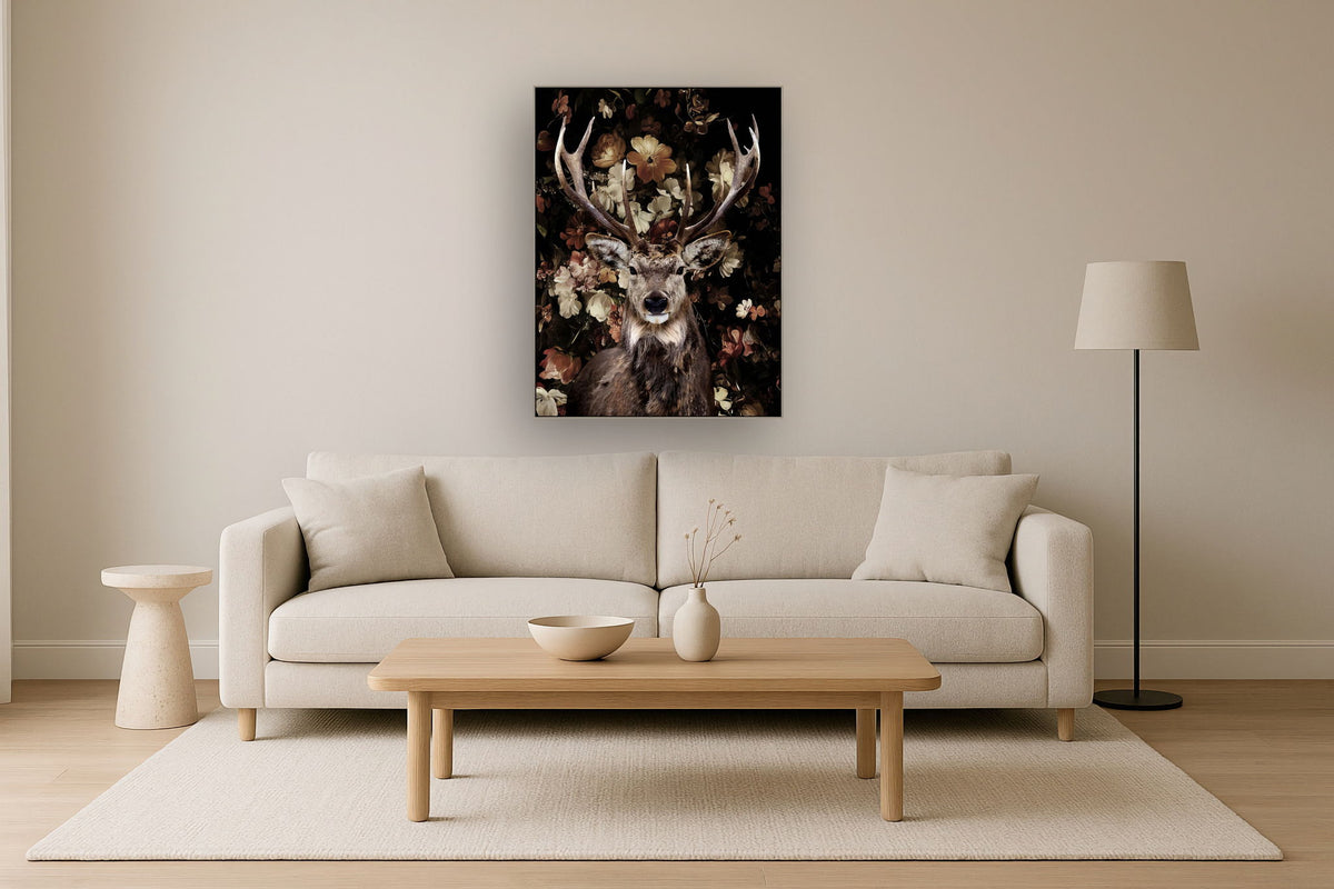 Majestic Stag Florals - 36" x 48" Framed Wall Art - Dark Brown