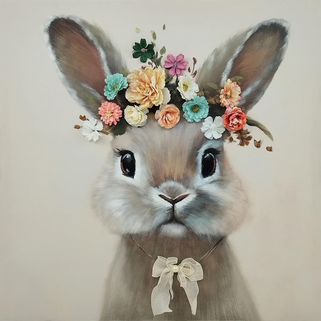 Blossom Bunny Portrait - 25" x 25" Framed Wall Art - Gray