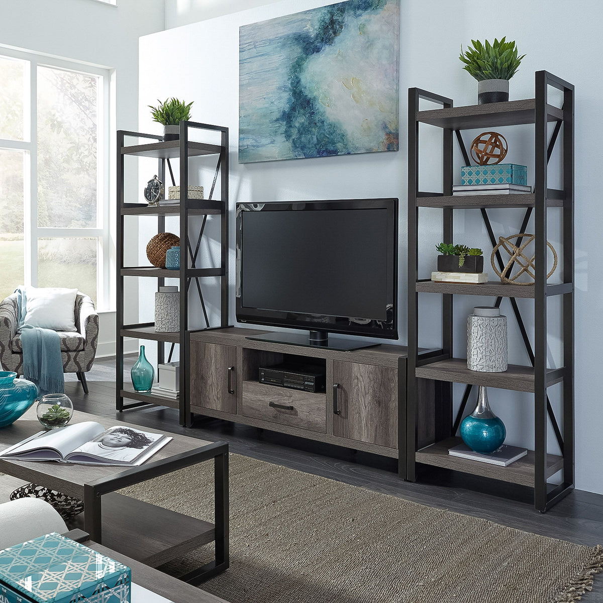 Tanners Creek - Entertainment Center With Piers (1 Center Drawer) - Graystone