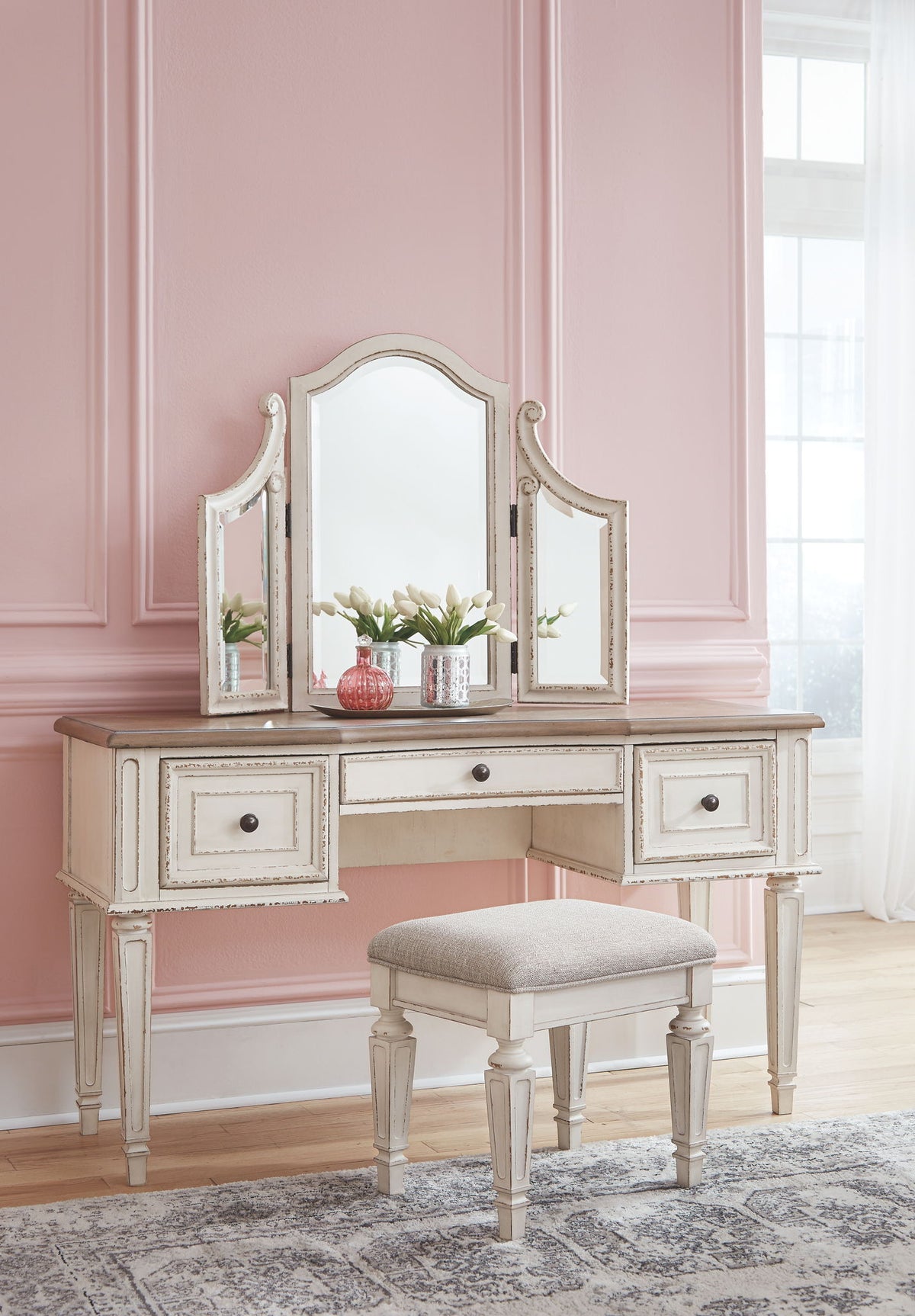 Realyn - Vanity/Mirror/Stool (Set of 3) - White / Brown / Beige