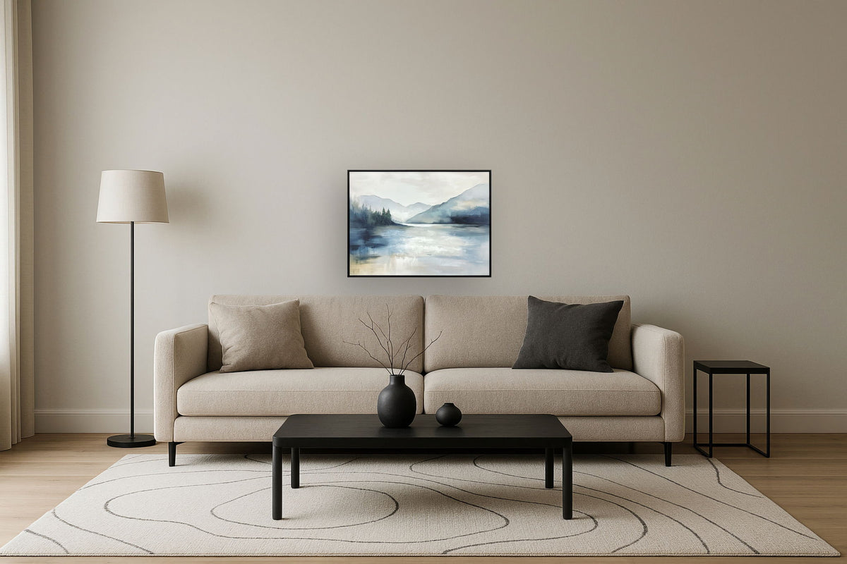 "Misty Lakeview I" Hand-Embellished Canvas In Frame - Blue / Gray