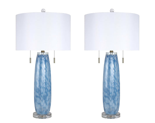 "Azure Display" Art Glass Table Lamp (Set of 2) - Blue Art Glass / Clear Crystal / Soft Gold