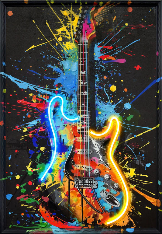 Neon Splash Guitar - 25" x 37" Framed Wall Art - Black
