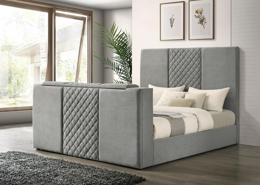 Tara 61-inch Upholstered Panel TV Bed Grey Eastern King