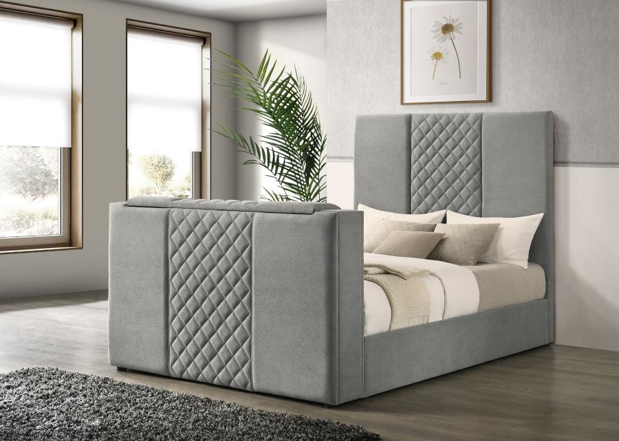 Tara 61-inch Upholstered Panel TV Bed Grey Queen