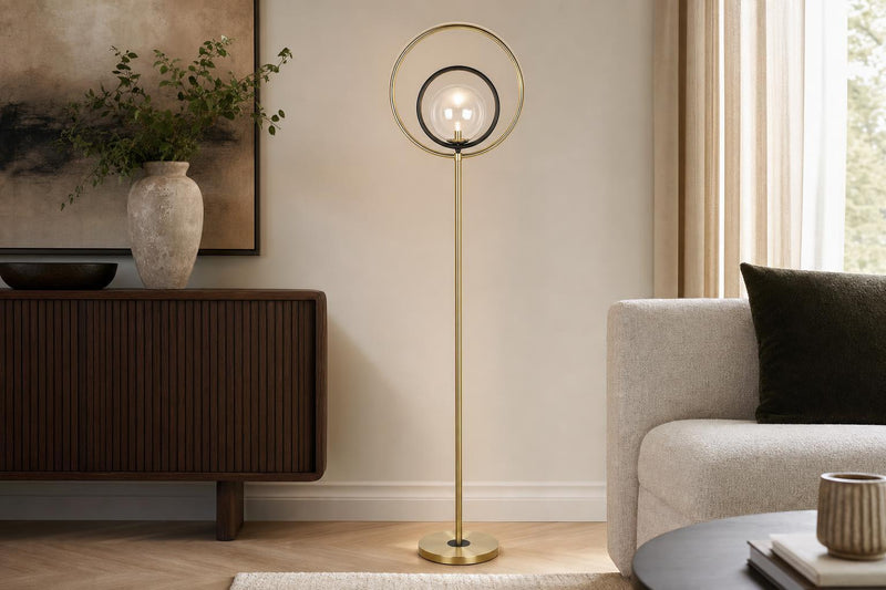 "Eclipse Aura" Metal Floor Lamp - Matte Black / Soft Gold / Clear
