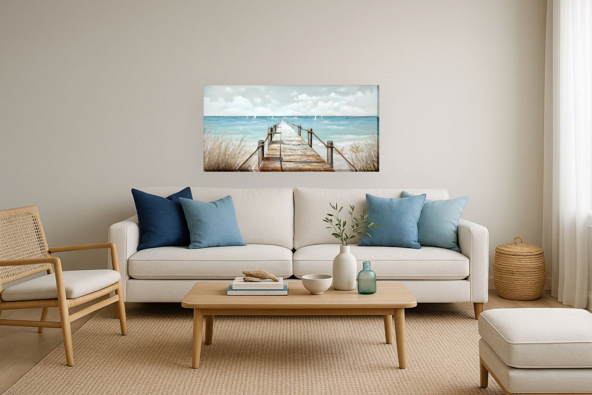 Seaside Serenity Pier - 28" x 55" Framed Wall Art - Blue