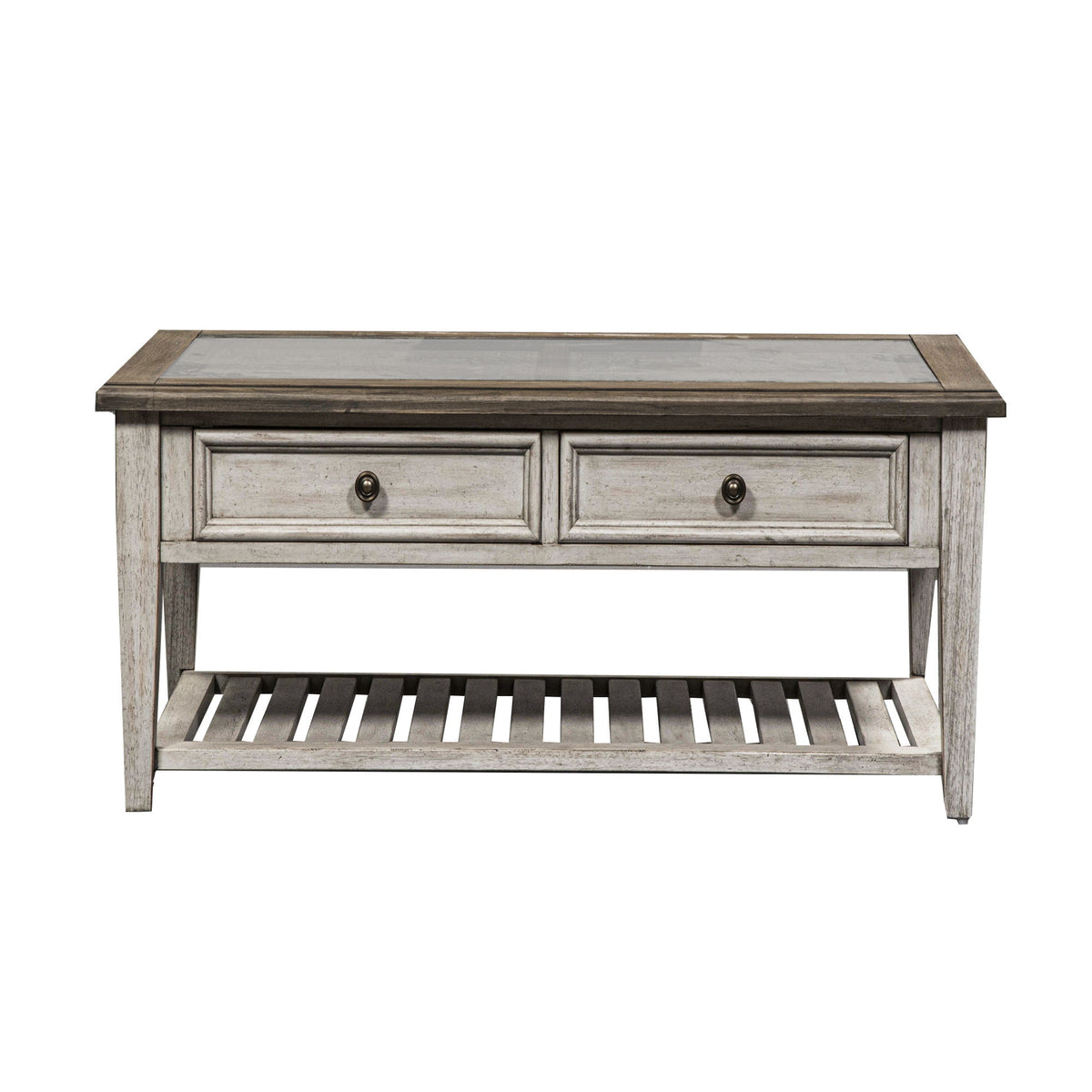 Heartland - Rect Ceiling Tile Cocktail Table - Antique White / Tobacco Tops