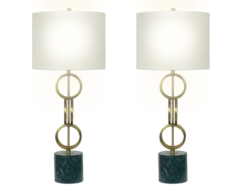 "Marble Harmony" Metal Table Lamp On Marble Base (Set of 2) - Green Marble / Matte Golden Bronze