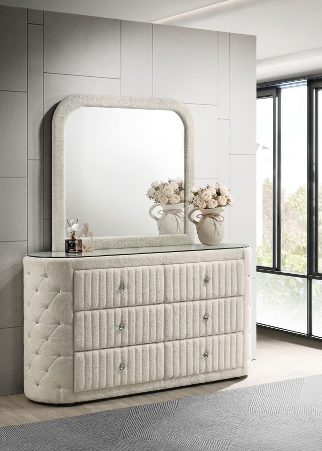 Sonya 6-drawer Upholstered Bedroom Dresser with Mirror Ivory Default Title