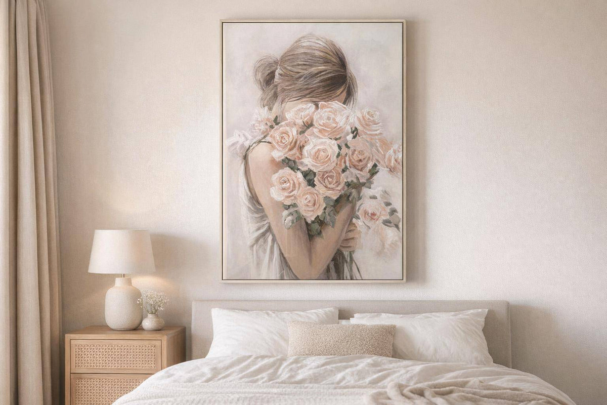 Roses Embrace Hand-Embellished Canvas In Frame - Blush / Ivory