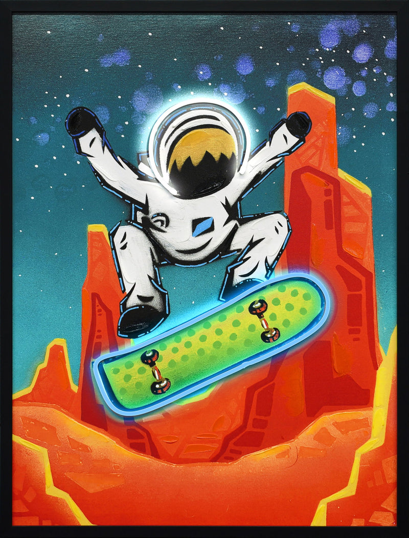 Kuiper Belt Kick-Flip By Joy Hernandez Hand-Embellished LED Canvas In Frame - Red / Teal