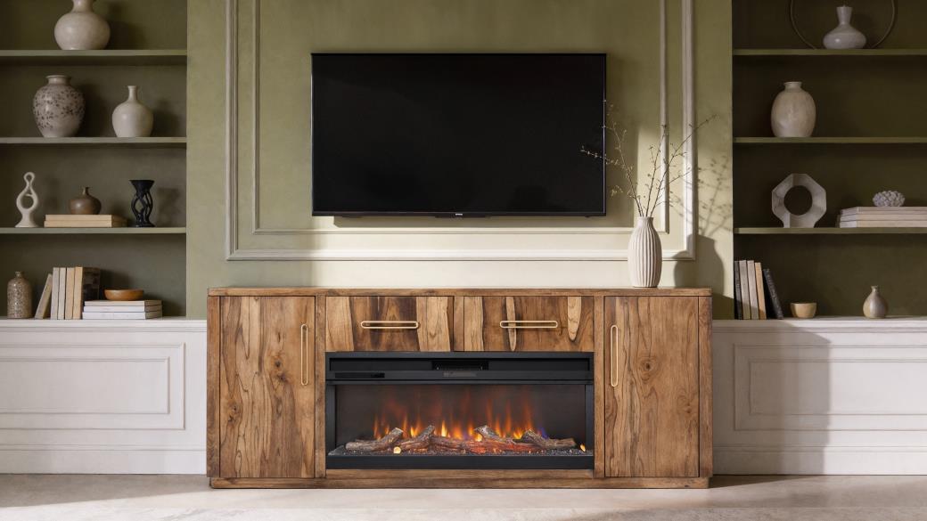 Rustic wood TV stand with built-in electric fireplace
