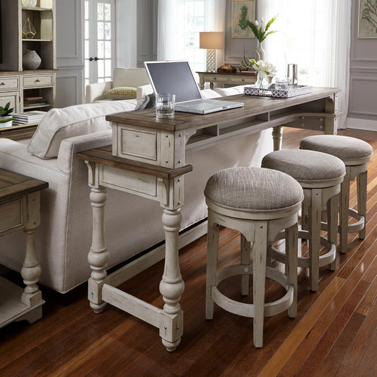 Morgan Creek - 4 Piece Console Set (1 Console 3 Stools) - Antique White / Wirebrushed Tobacco Accents