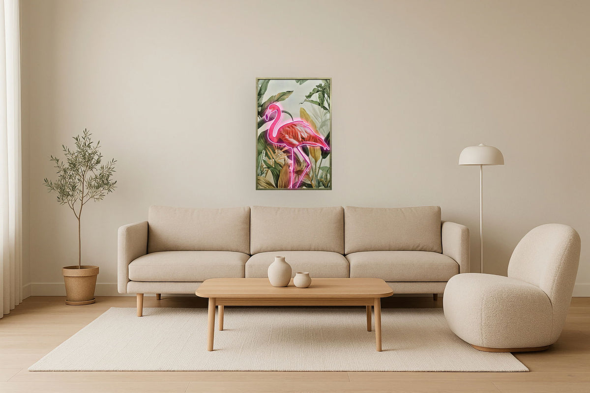 Electric Flamingo Oasis - 33" x 48" Framed Wall Art - Pink