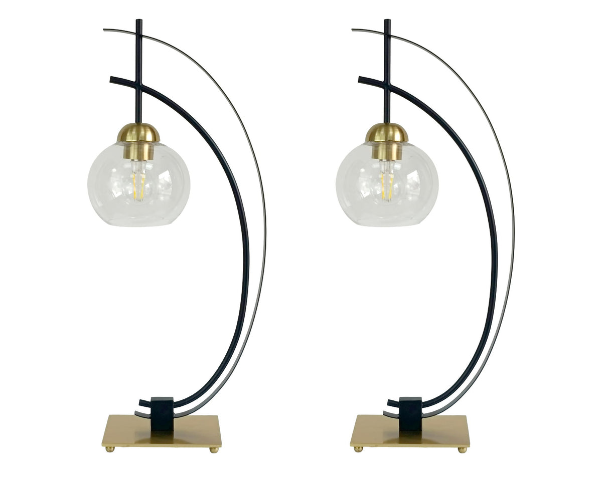 "Eclipse Aura" Metal Table Lamp With Glass Globe (Set of 2) - Matte Black / Gold / Clear Glass
