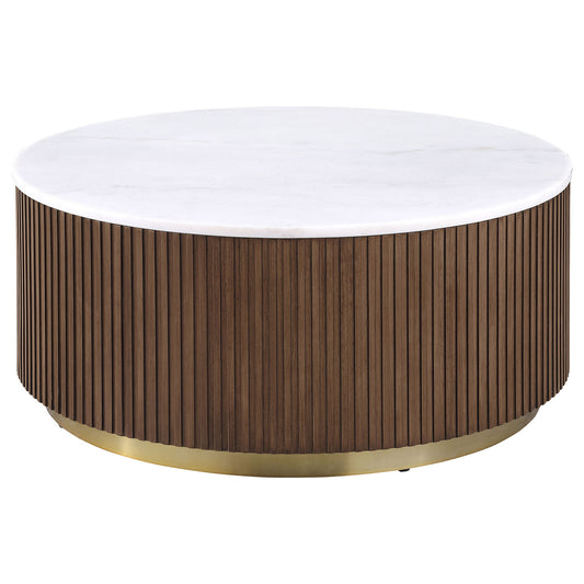 Jason Round White Marble Top Coffee Table Honey Brown