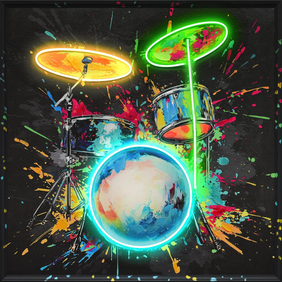 Neon Spectrum Drums - 37" x 37" Framed Wall Art - Black