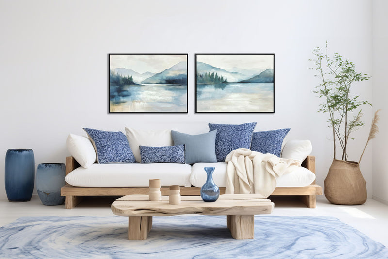 "Misty Lakeview I" Hand-Embellished Canvas In Frame - Blue / Gray