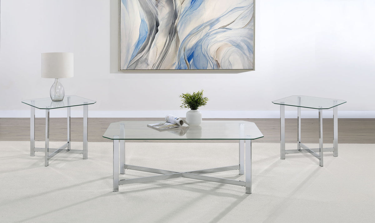 Cronin 3-piece Tempered Glass Top Coffee Table Set Chrome