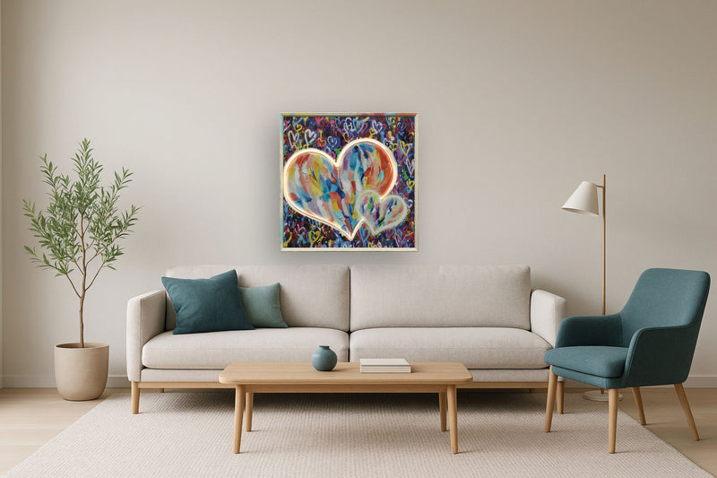 Radiant Brush Heart - 33" x 33" Framed Wall Art - Blue